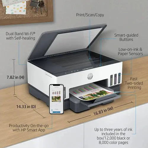 HP Smart Tank 720 All-In-One Printer, Print / Copy / Scan, Wireless Functions, Up To 15ppm Print Speed, 1200 DPI, 250 Sheets Input Capacity, Wifi & Bluetooth Connectivity, White - Gray  المتحدة للألكترونيات