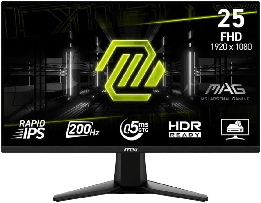 MSI MAG 255F E20 25-inch 1920 x 1080 (FHD) Gaming Monitor, 200Hz, Adaptive-Synch, HDMI, DisplayPort, VESA Mountable, Tilt, Height Adjustable, Speaker, 0.5ms, Black