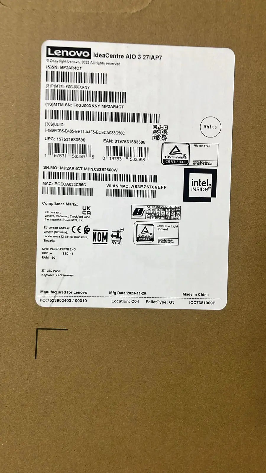 Lenovo All in One 3 27IAP7 (LXAX-LVAX) , Intel Core i7-13620H -13 Gen, RAM 16GB, 512GB SSD, NVIDIA GEFORCE MX550 4GB , 27 FHD IPS, White  المتحدة للألكترونيات