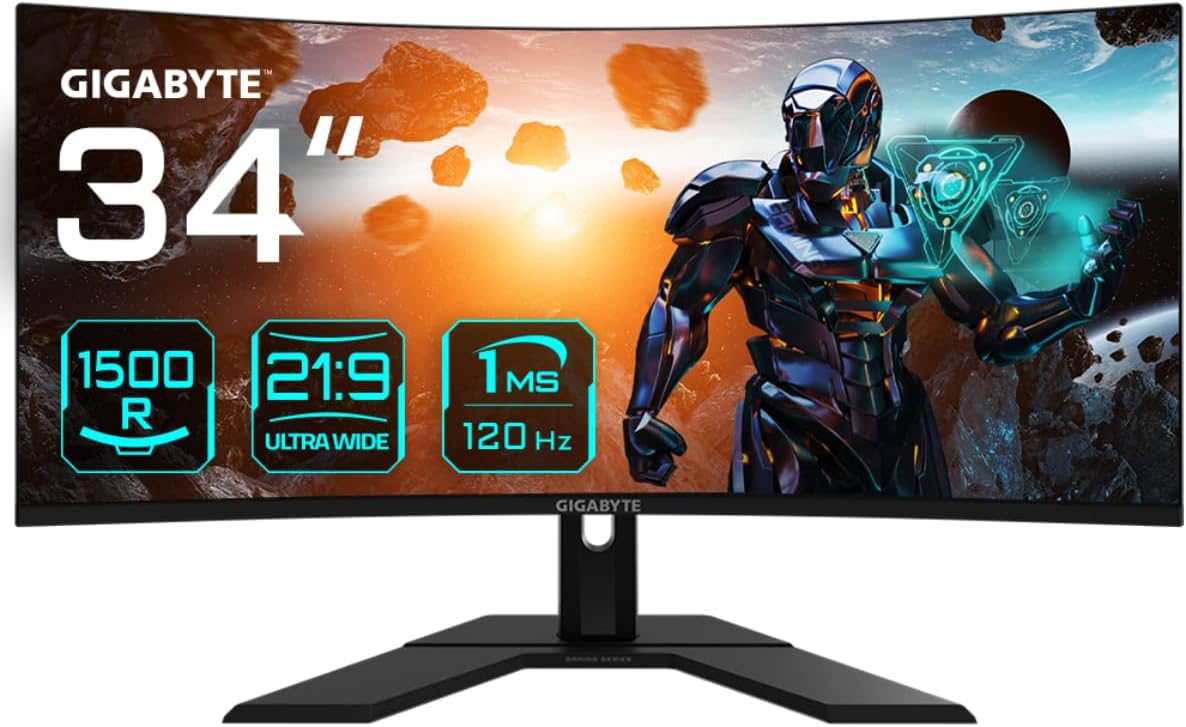 Gigabyte GS34WQC 34" 120Hz 1440P Curved Gaming Monitor, 3440x1440 VA 1500R Display, 1ms (MPRT) Response Time, HDR Ready, FreeSync Premium, 1x Display Port 1.4, 2X HDMI 2.0,Black