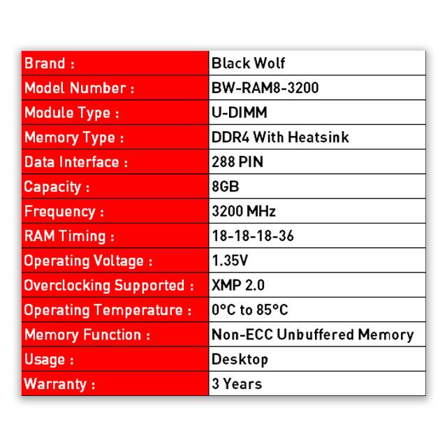 Black Wolf : DDR4 RAM with Heatsink (8GB-3200 MHz)