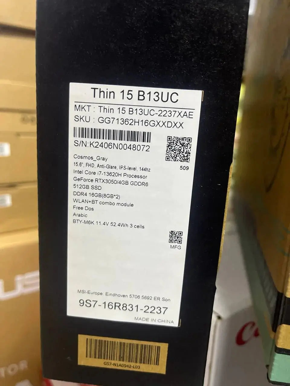 MSI Thin 15 B13UC-2237XAE, Intel Core i7-13620H, RAM 16GB, 512GB SSD, NVIDIA RTX 3050 4GB, 15.6 FHD IPS 144hz, Cosmos Gray  المتحدة للألكترونيات