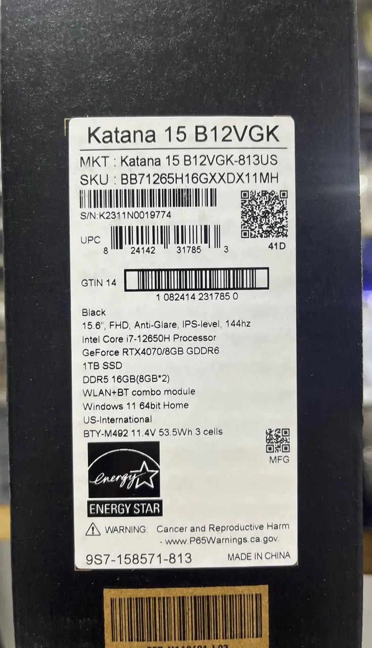 MSI Katana 15 B12VGK-813US, Intel Core i7-12650H, RAM 16GB, 1TB SSD, NVIDIA RTX 4070 8GB, 15.6 FHD IPS 144hz, Black  المتحدة للألكترونيات