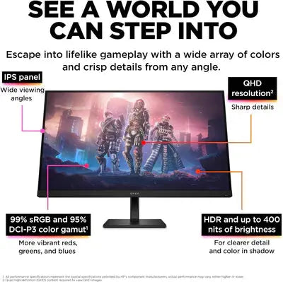 HP OMEN 32q Gaming Monitor, 31.5 Inch, 2560 x 1440 (QHD), IPS, Flat, 165Hz, 1ms, 400 nits, FreeSync Premium, DisplayPort and 2x HDMI 2.0, Eyesafe certified, Black  المتحدة للألكترونيات