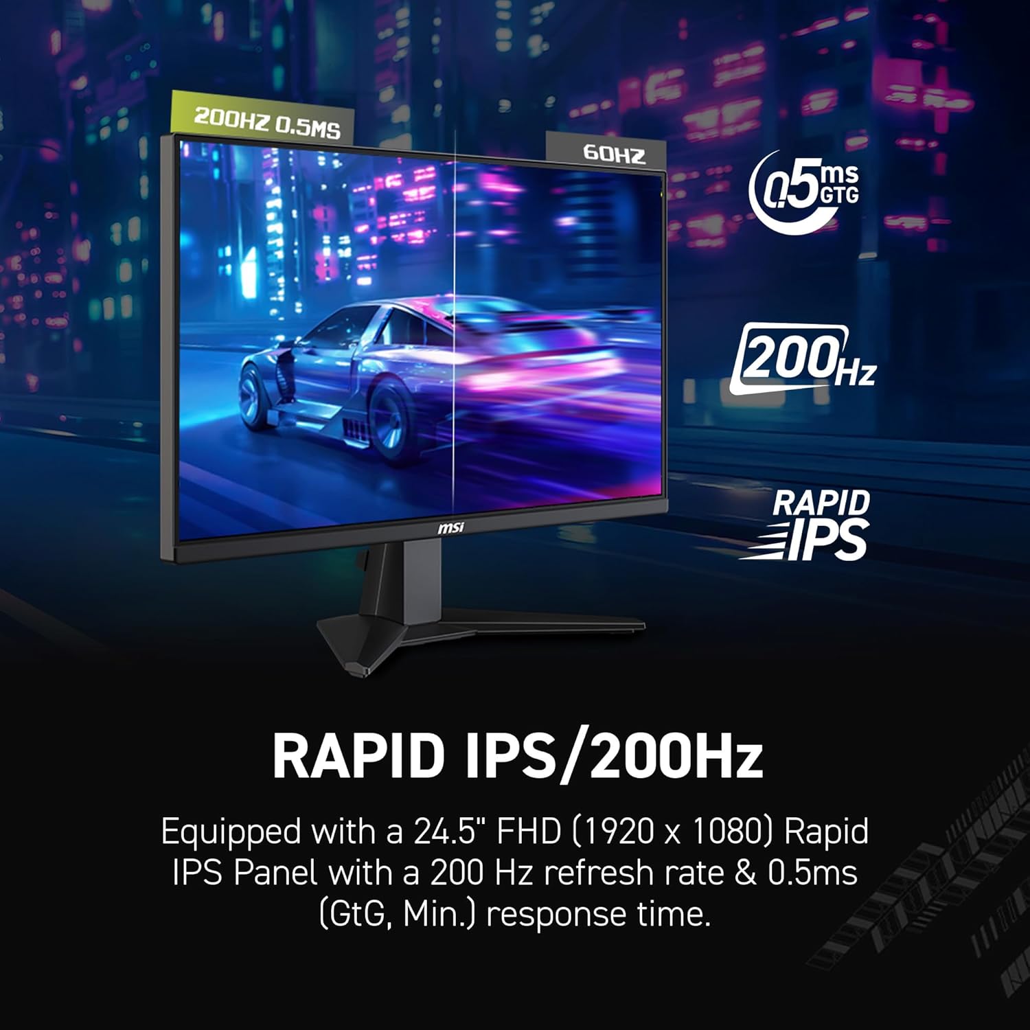 MSI MAG 255F E20 25-inch 1920 x 1080 (FHD) Gaming Monitor, 200Hz, Adaptive-Synch, HDMI, DisplayPort, VESA Mountable, Tilt, Height Adjustable, Speaker, 0.5ms, Black