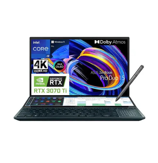 ASUS Zenbook Pro Duo 15 ux582zw-xb99t, Intel Core i9-12900H, RAM 32GB, 1TB SSD, RTX 3070Ti 8GB, 15.6'' OLED 4K TP WV Touch, Celestial Blue - المتحدة للألكترونيات