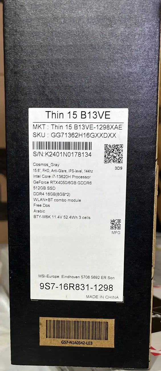 MSI THIN 15 B13VE-1298XAE, Intel Core i7-13620H, RAM 16GB, 512GB SSD NVME, RTX 4050 6GB, 15.6 FHD IPS 144Hz, Cosmos Gray  المتحدة للألكترونيات