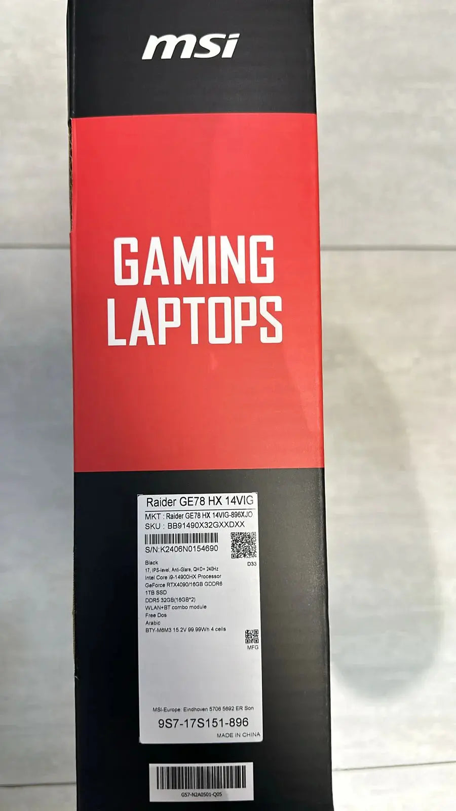 MSI Raider GE78 HX 14VIG-896XJO, Intel Core i9-14900HX, RAM 32GB, 1TB SSD, RTX 4090 16GB, 17.0 QHD+ IPS 240Hz, Black  المتحدة للألكترونيات