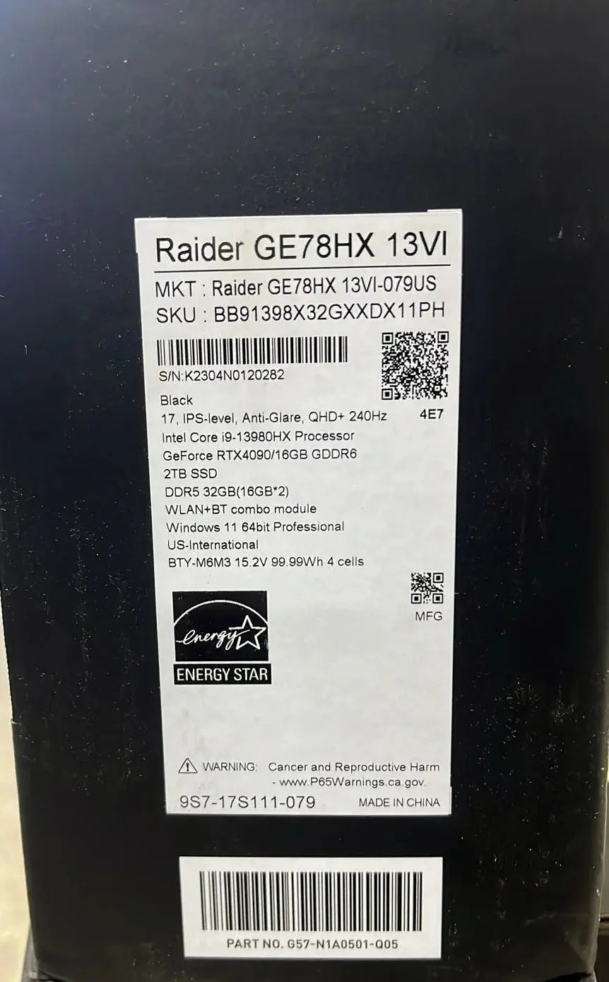 MSI RAIDER GE78HX 13VI-079US, Intel® Core i9-13980HX, RAM 32GB, 2TB SSD NVMe, RTX 4090 16GB, 17.3 QHD+ IPS 240Hz, BLACK - المتحدة للألكترونيات