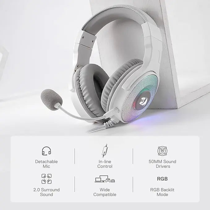 Redragon H350 RGB Wired Gaming Headset, Dynamic RGB Backlight - Stereo Surround-Sound - 50MM Drivers - Detachable Microphone, Over-Ear Headphones Works for PC/PS4/XBOX One/NS. White  المتحدة للألكترونيات
