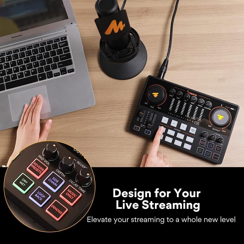 MAONO Podcast Equipment Bundle with Audio Interface and XLR Condenser Microphone, MaonoCaster with 48V Phantom Power, Bluetooth for Podcast, Streaming, Voice Over, Youtube, PC, Guitar (AME2A)