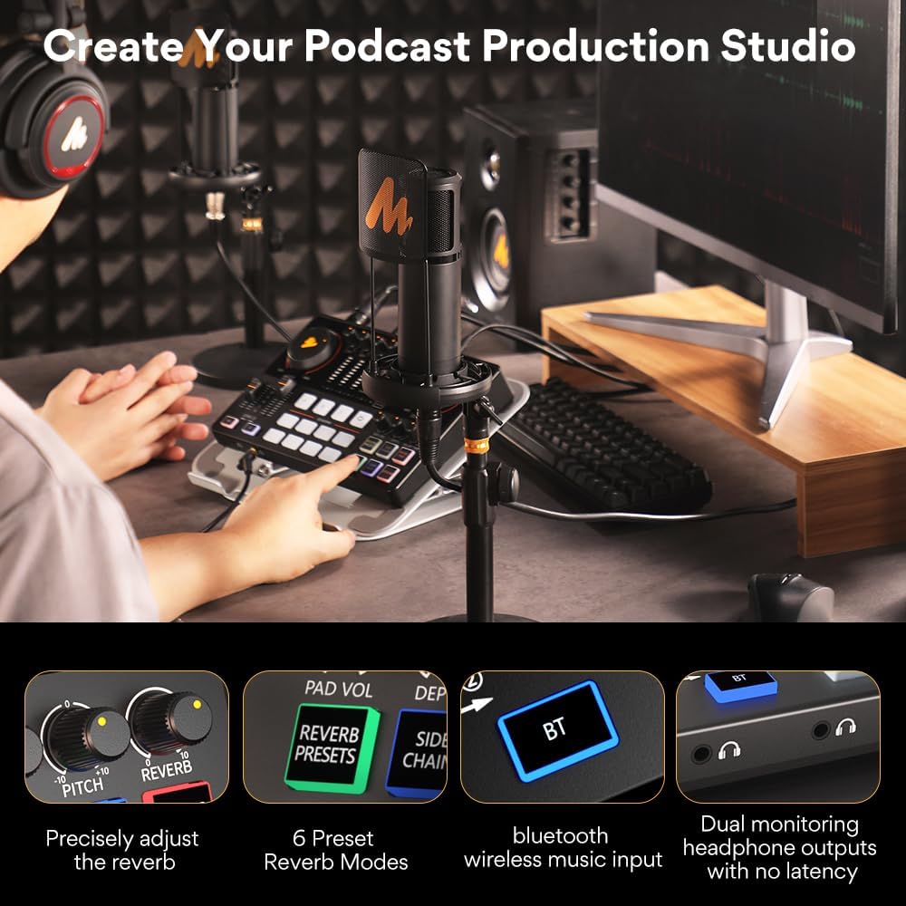 MAONO Podcast Equipment Bundle with Audio Interface and XLR Condenser Microphone, MaonoCaster with 48V Phantom Power, Bluetooth for Podcast, Streaming, Voice Over, Youtube, PC, Guitar (AME2A)