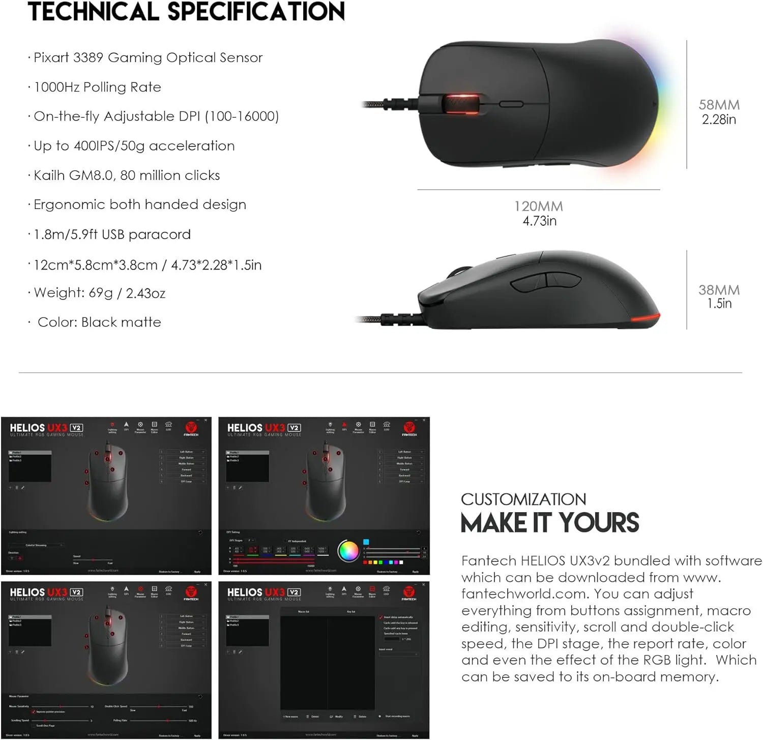 FANTECH Helios UX3V2 Symmetrical RGB Gaming ماوس فانتك كيمنك - المتحدة للألكترونيات