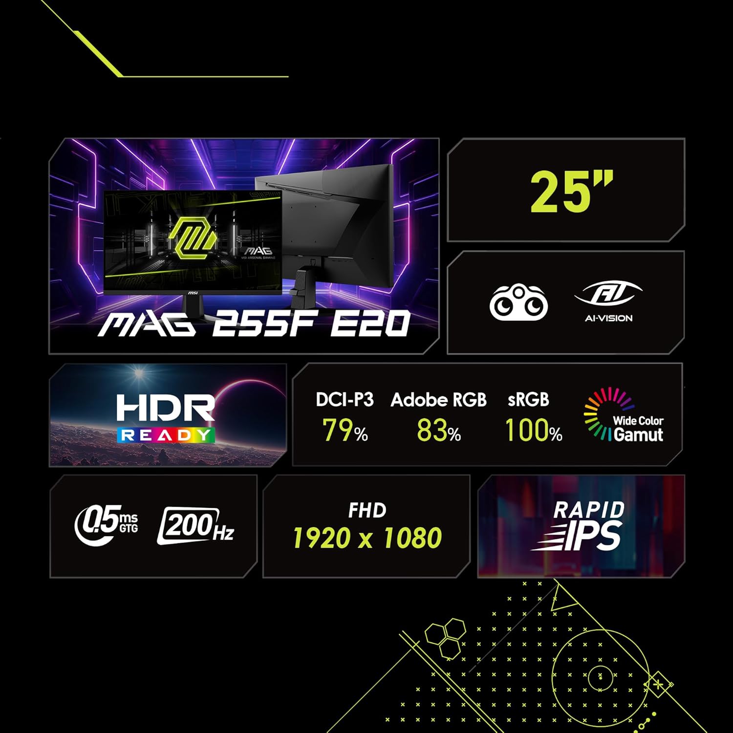MSI MAG 255F E20 25-inch 1920 x 1080 (FHD) Gaming Monitor, 200Hz, Adaptive-Synch, HDMI, DisplayPort, VESA Mountable, Tilt, Height Adjustable, Speaker, 0.5ms, Black