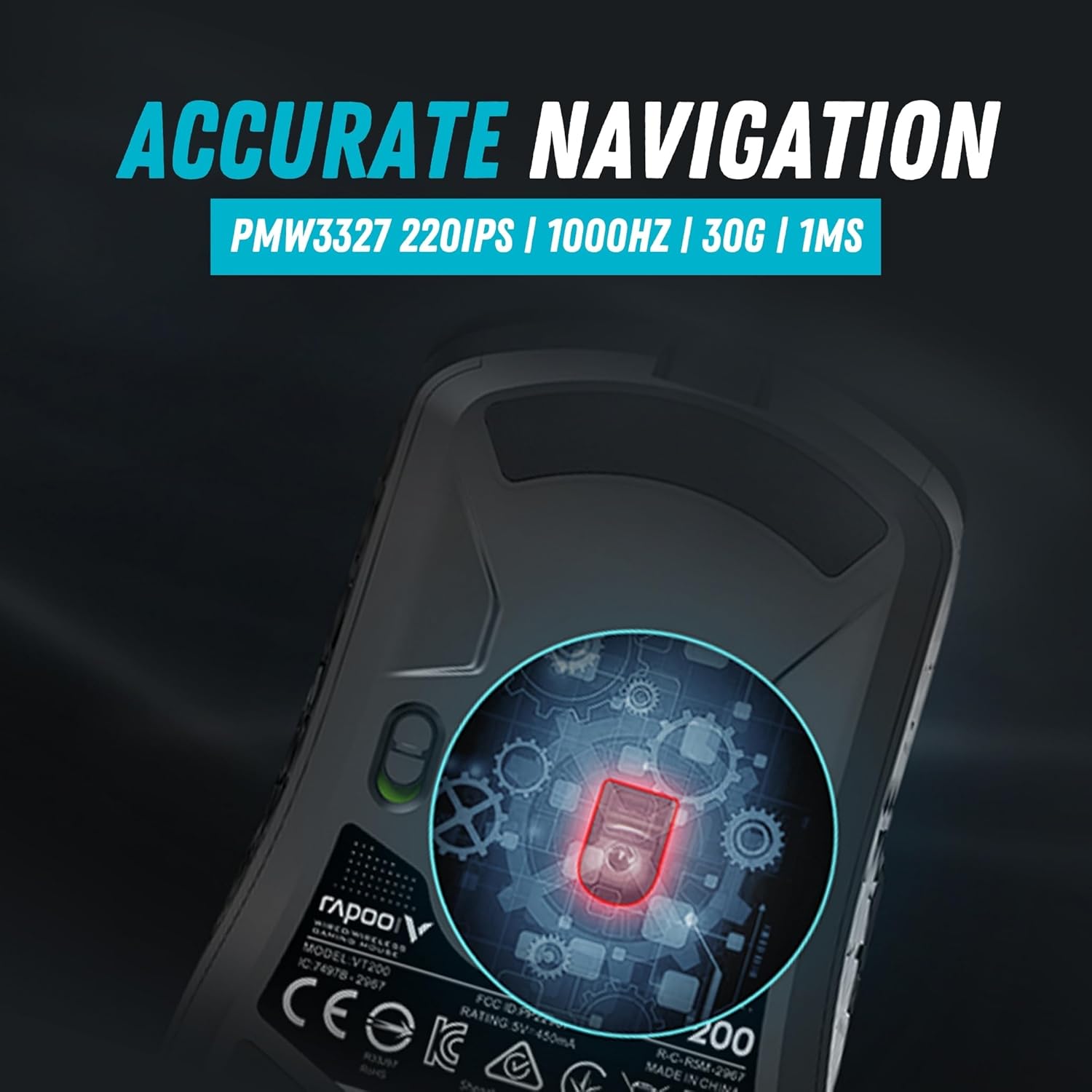 RAPOO VT200 Wired/Wireless Optical Gaming Mouse with Ergonomic Design, 5000 DPI, 7 Programmable Buttons, 1000Hz USB Polling Rate, Onboard Memory, RGB Backlight & Braided Cable.