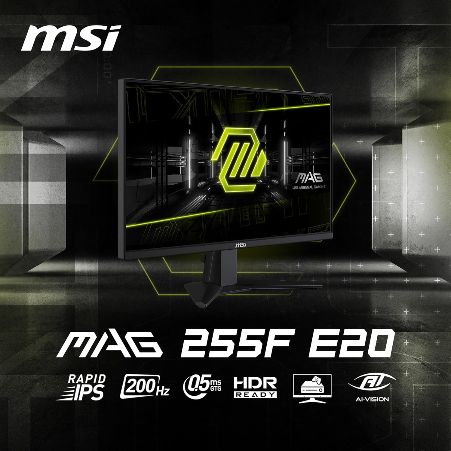 MSI MAG 255F E20 25-inch 1920 x 1080 (FHD) Gaming Monitor, 200Hz, Adaptive-Synch, HDMI, DisplayPort, VESA Mountable, Tilt, Height Adjustable, Speaker, 0.5ms, Black