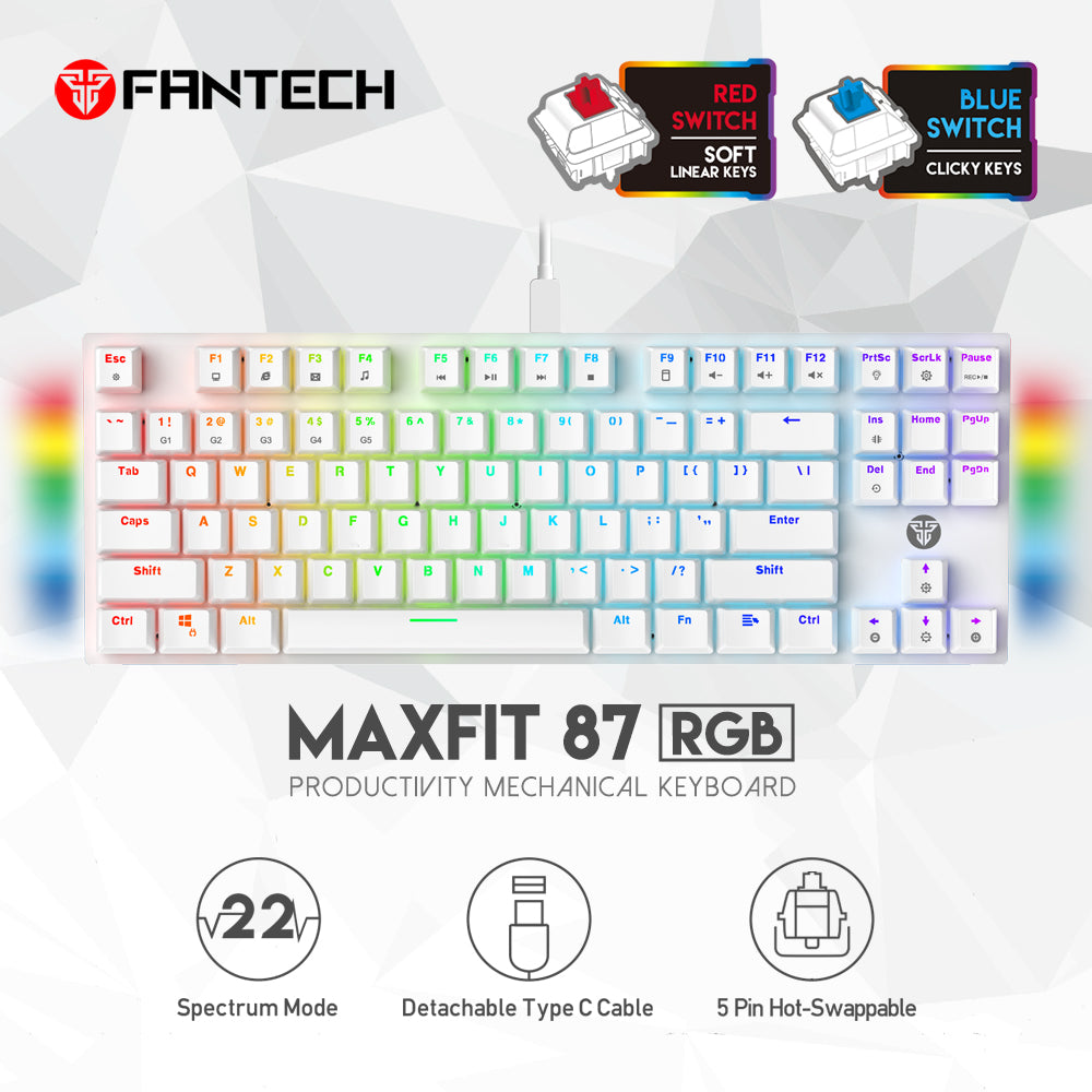 Fantech Maxfit87 Rgb Mechanical Keyboard - Mk856 White كيبورد فانتك ميكانيكي