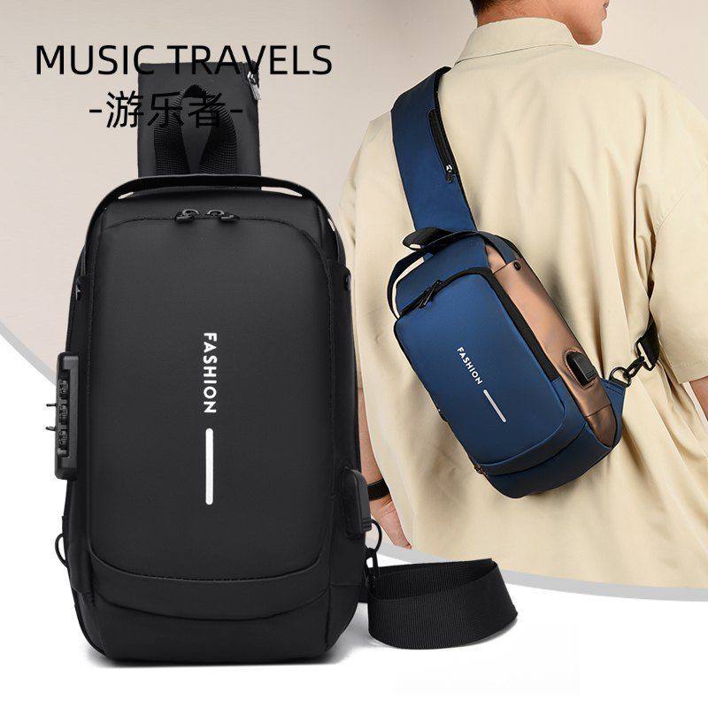 Carbon Fiber Streamline Anti-theft Sling Bag with USB Port & Waterproof, Lightweight Crossbody Bag for Hiking, Everyday Use (Blue+Brown)